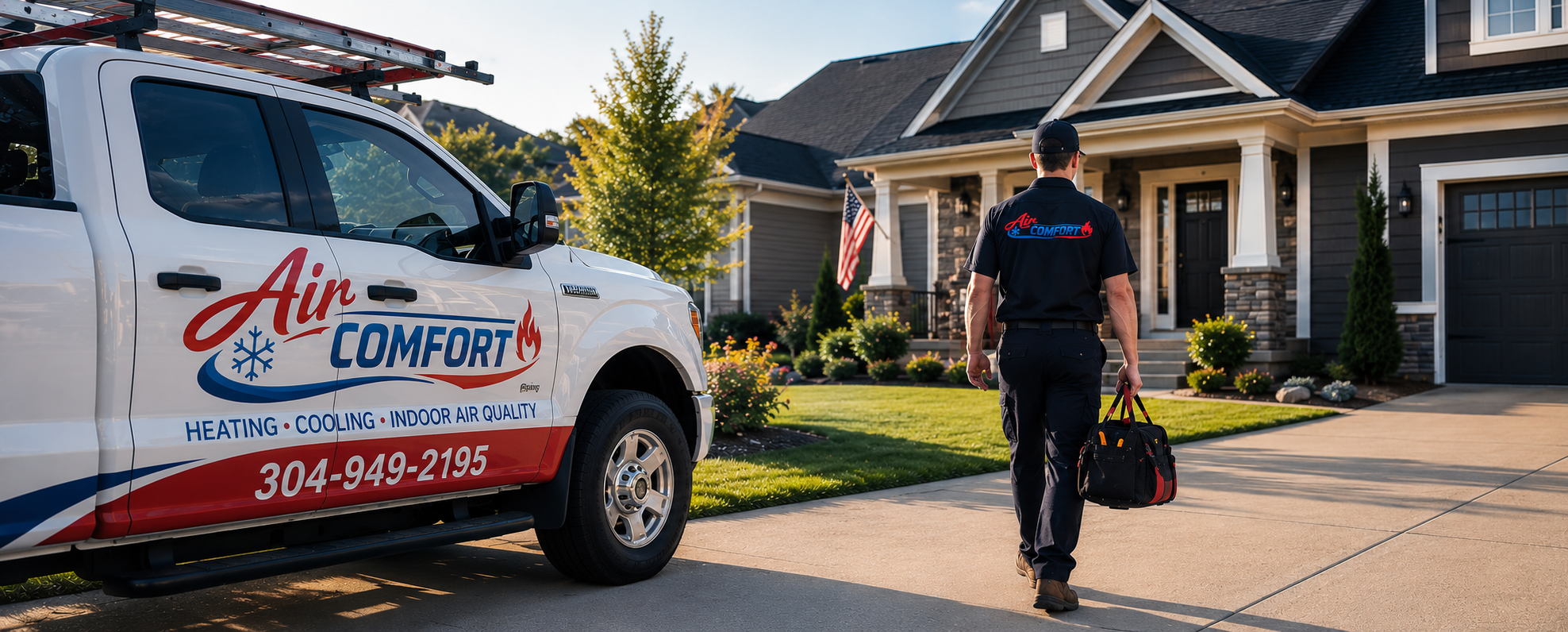 Air Comfort HVAC technician arriving at a Kanawha Valley home with a service truck